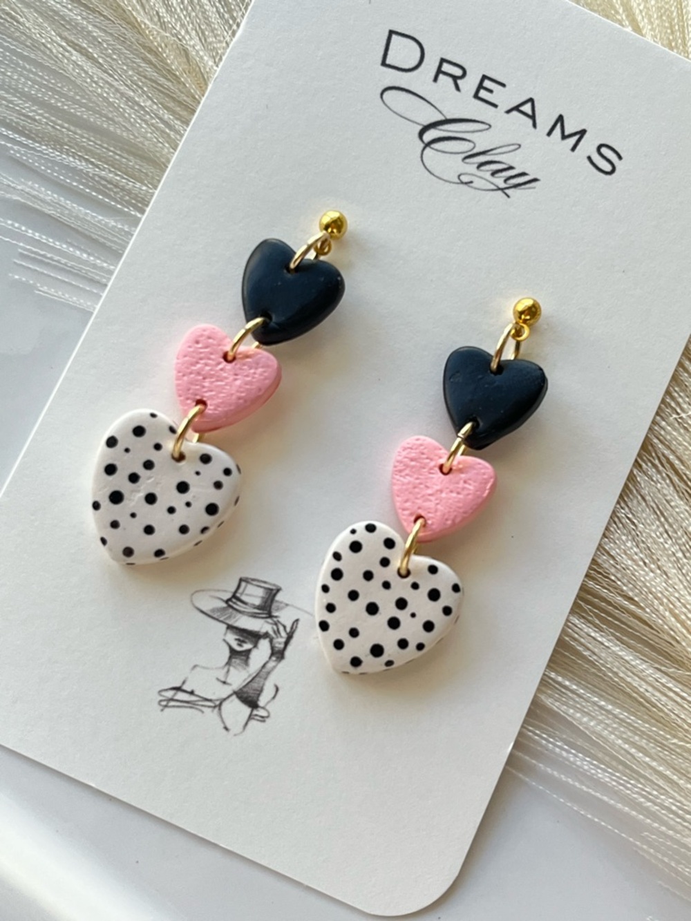 Dreams Clay Heart Drop Earrings - Black, Pink & White Polka Dot